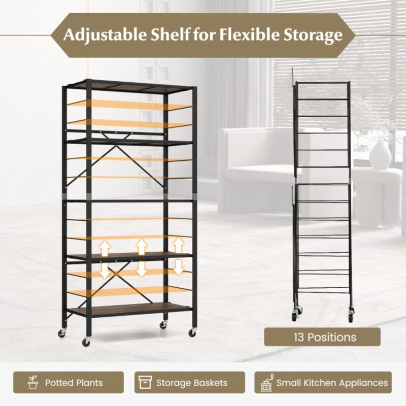 Hivvago 5-Tier Foldable Shelving Unit with Detachable Wheels and Anti-Toppling System