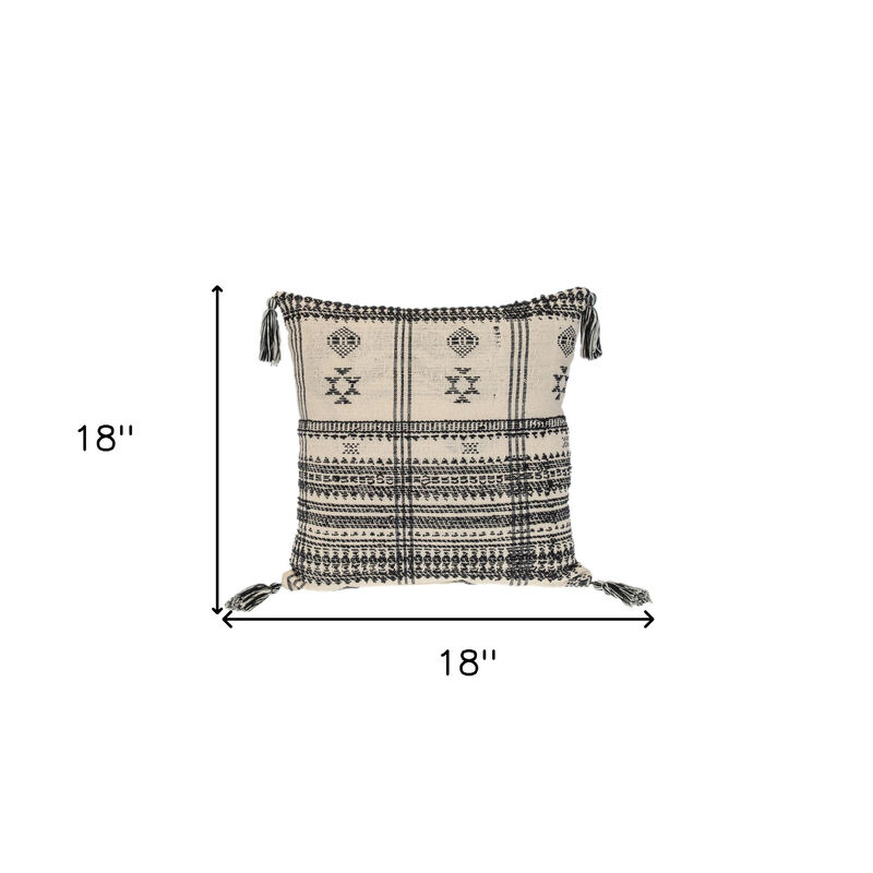 HomeRoots 18" Beige and Black Southwestern Cotton Throw Pillow With Tassels image number 3