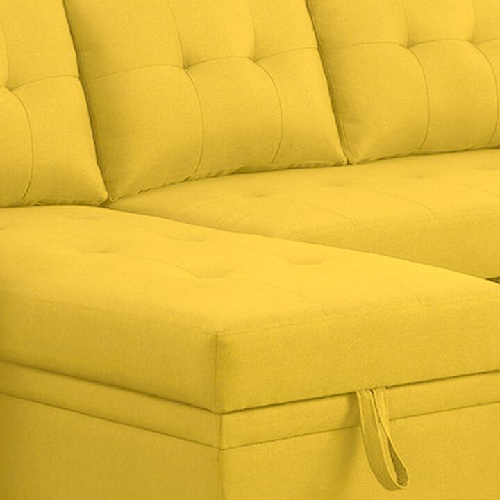 Elliot 84 Inch Sleeper Sectional Sofa with Storage Chaise, Yellow Fabric-Benzara