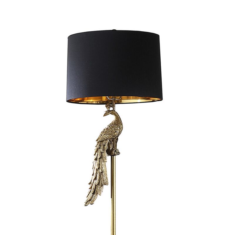 65 Inch Floor Lamp, Peacock, Linen Drum Shade, Pedestal Branch, Gold Finish - Benzara