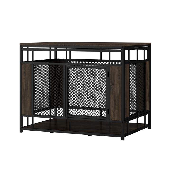 Large Dog Crate Furniture, Indoor Pet Crate End Table, Mesh and Wooden Dog Kennels with 2-Doors for S, M, L Dogs, Walnut