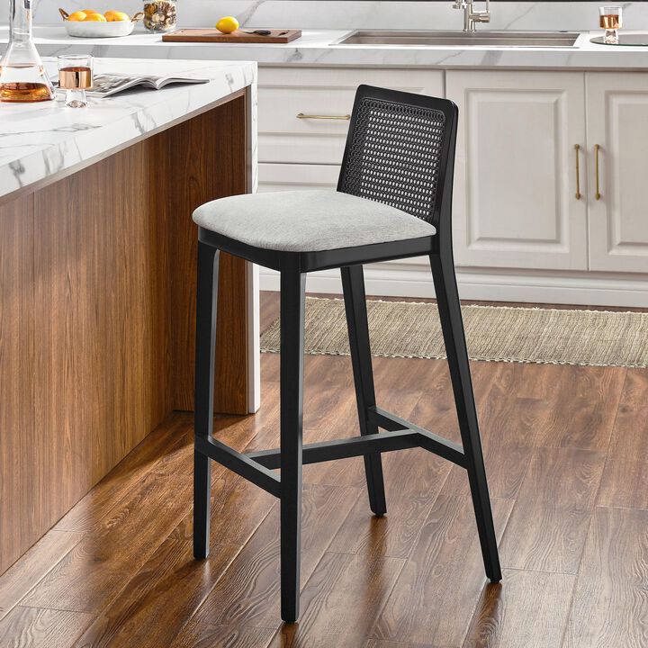 Modway Monarch Wood Bar Stool with Cane Rattan Back and Padded Seat in Black Black Gray