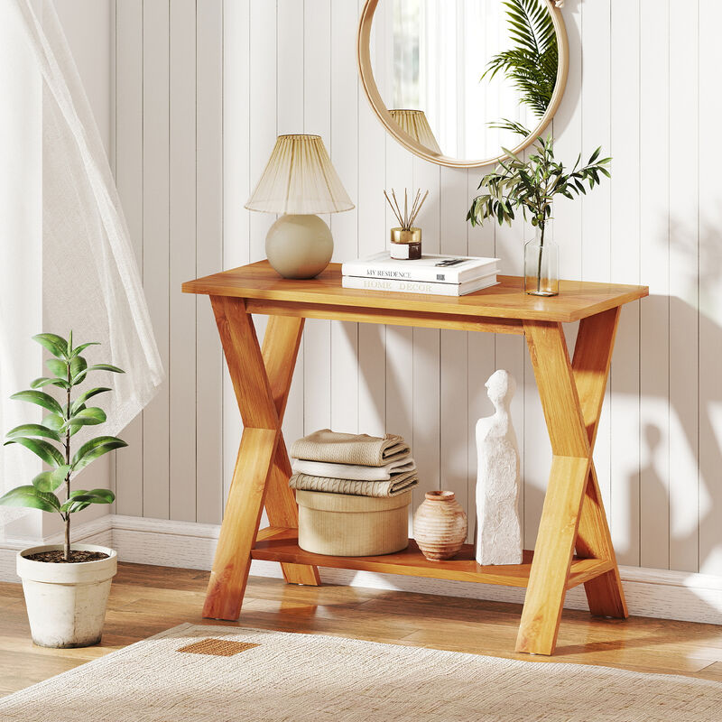 Solid Teak Wood Console Table with Lower Storage Shelf for Entryway or Living Room