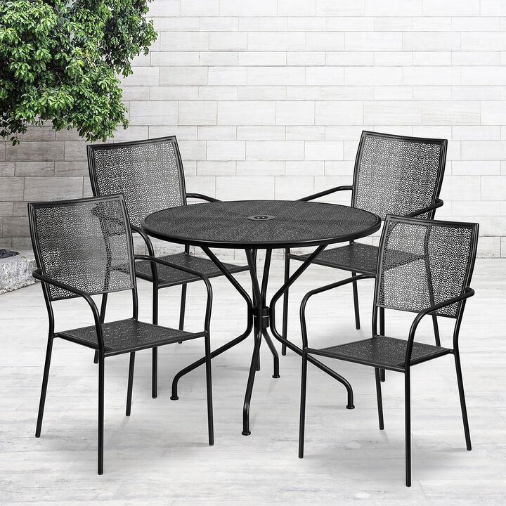Flash Furniture Oia Commercial Grade 35.25" Round Black Indoor-Outdoor Steel Patio Table Set with 4 Square Back Chairs