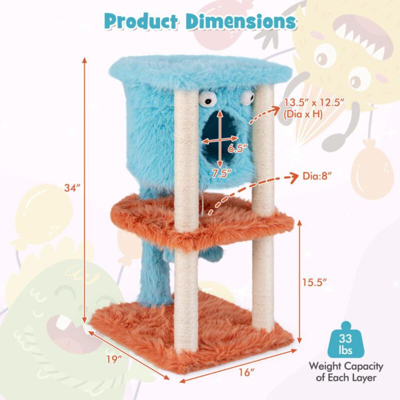 Hivvago Cute Monster-Themed Cat Tower with Private Condo and Soft Long Plush