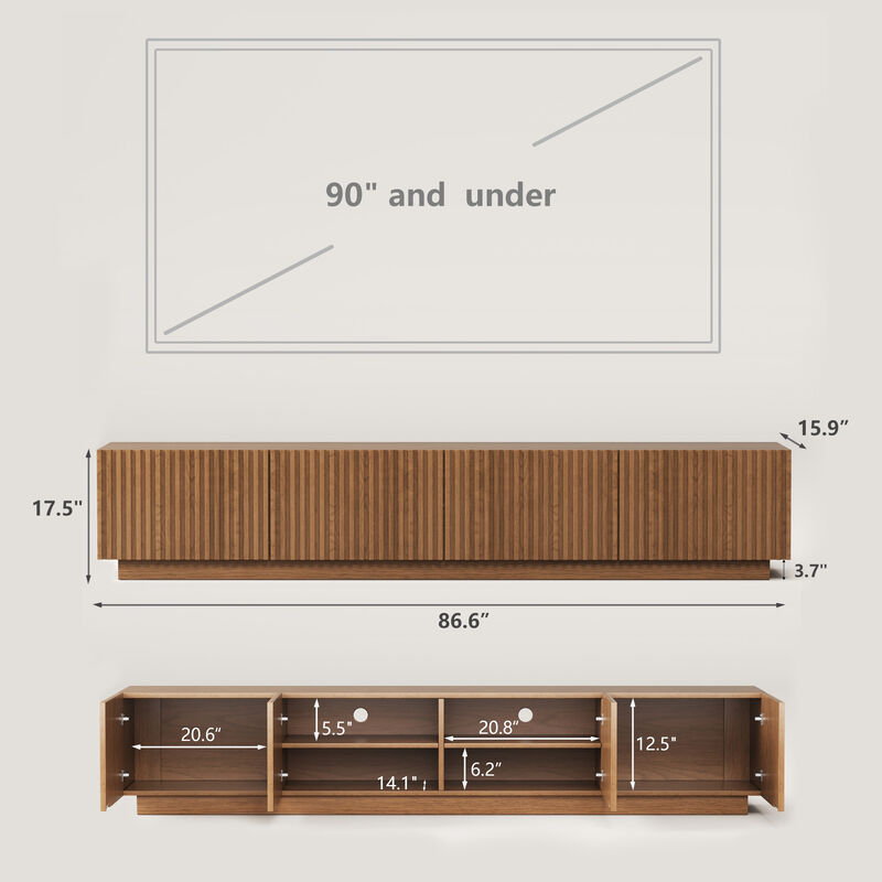 Wooden TV Stand with 4 Doors Legless 86.6" Brown