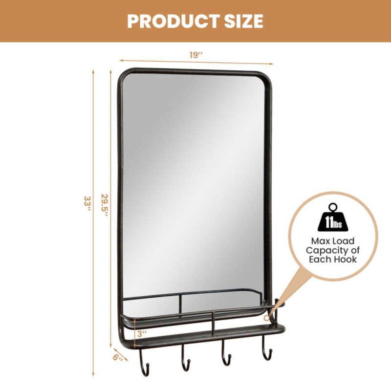Hivvago Wall Bathroom Mirror with Shelf Hooks Sturdy Metal Frame for Bedroom Living Room