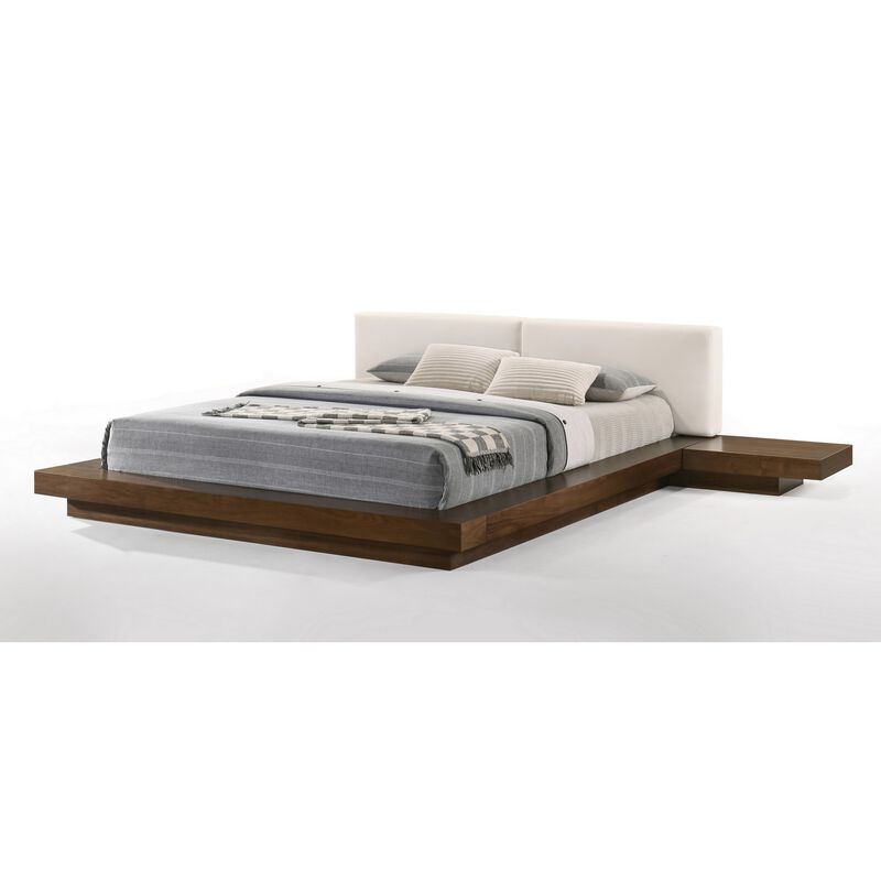 Nia Queen Size Bed, Gray Faux Leather, Walnut Brown Low Profile Platform  - Benzara