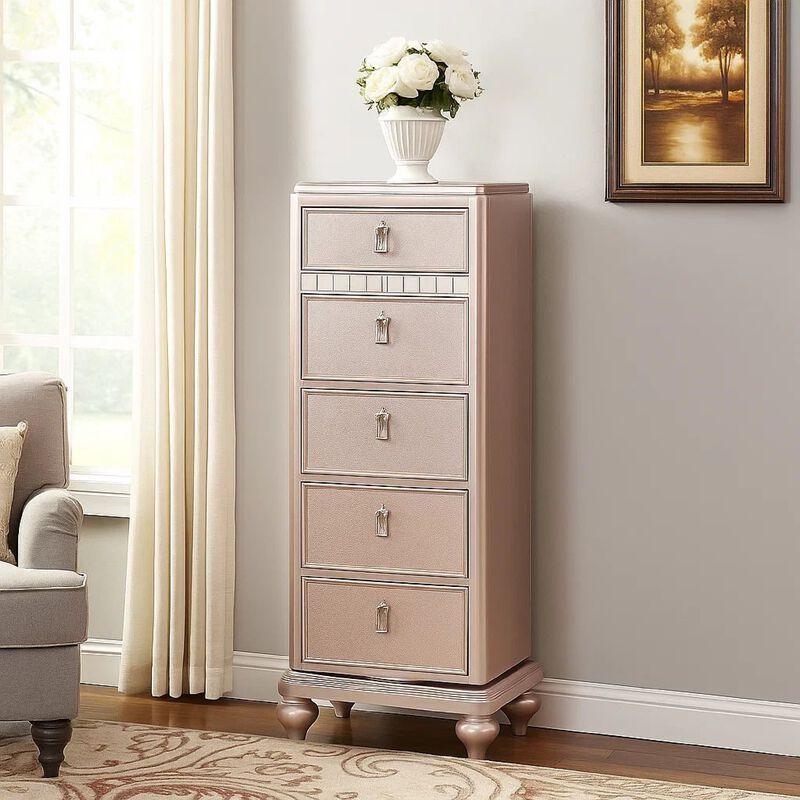 Wooden Frame 5 Drawer Swivel Chest with Mirror Trim, Rose Gold