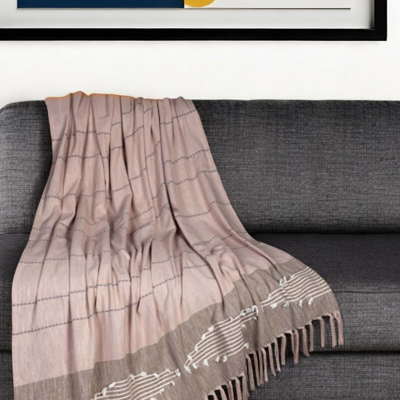 HomeRoots 50" X 60" Brown and Tan Woven Cotton Striped Throw Blanket with Fringe and Embroidery image number 1