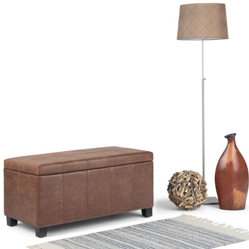 Dover 36 inch Wide Contemporary Rectangle Storage Ottoman Bench in Distressed Umber Brown Vegan Faux Leather, Assembled