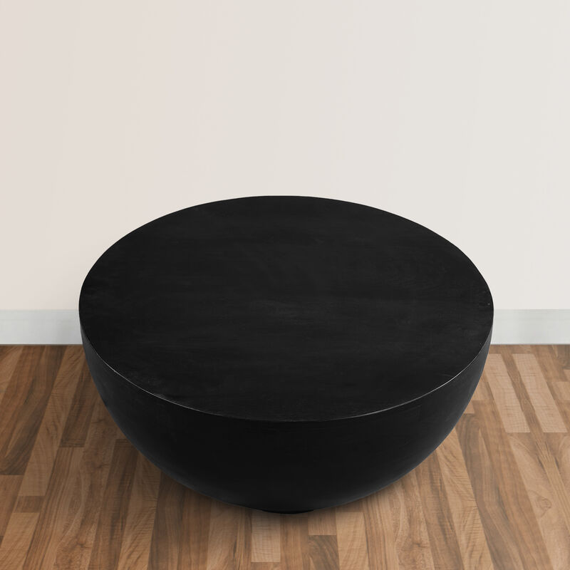 30 Inch Modern Art Coffee Table, Round Drum Shape, Solid Mango Wood, Matte Black