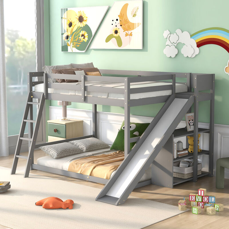 Merax Full Over Full Bunk Bed with Slide, Ladder & Shelves