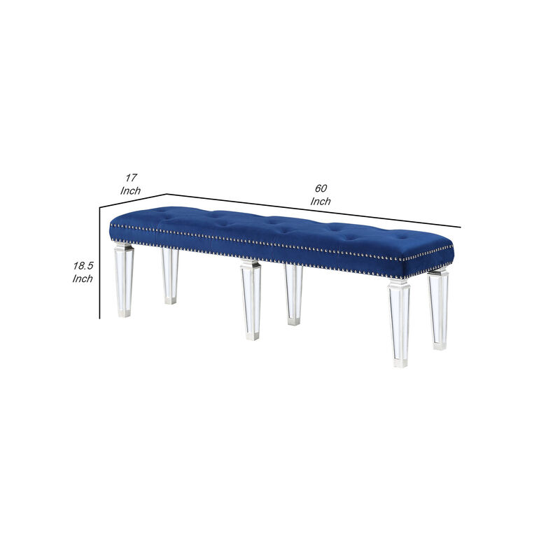 Bench with Button Tufted Seat and Mirrored Tapered Legs, Blue-Benzara image number 5