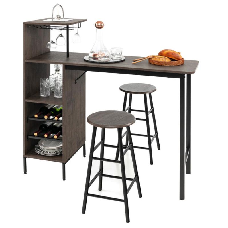 Hivvago 3 Piece Bar Table and Chairs Set with 6-Bottle Wine Rack