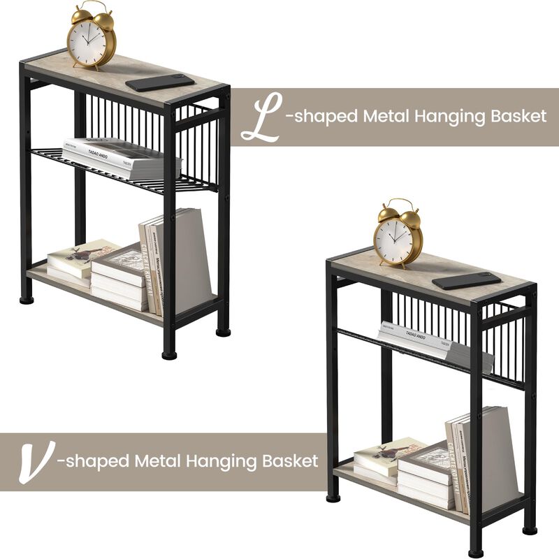 Small Side Table for Small Space, 3-Tier Narrow End Table with Magazine Holder, Slim Nightstand, Skinny Snack Couch Table in Liv