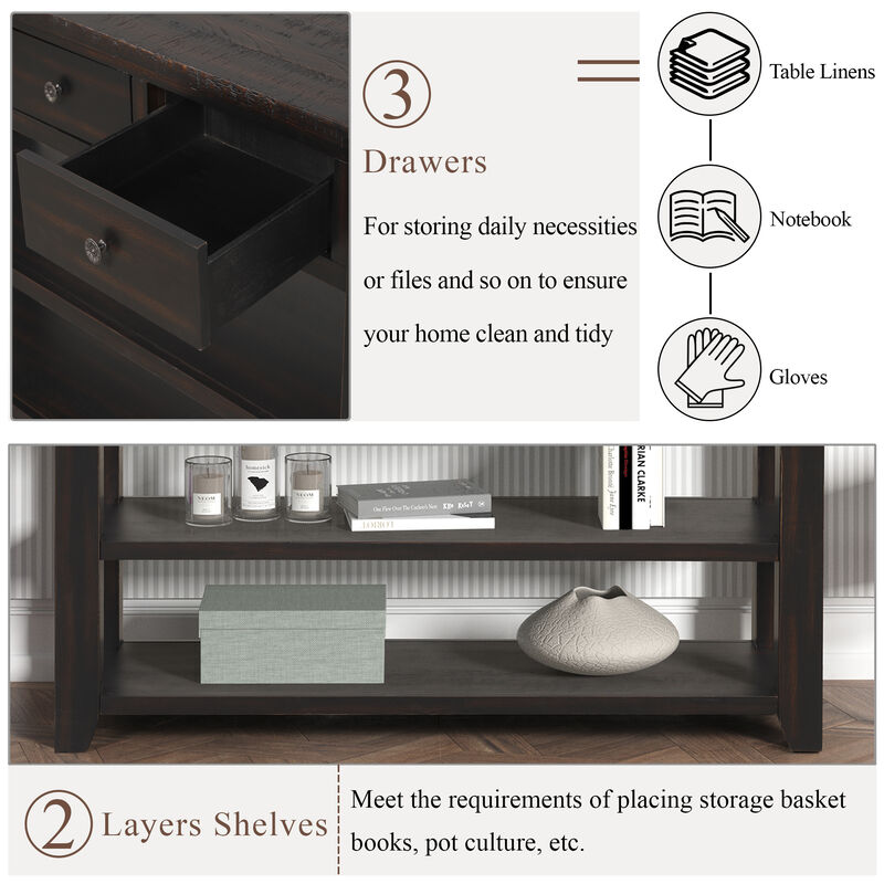 Whisen Classic Vintage Design Console Table with 3 Storage Drawers and 2 Shelves - Distressed Black