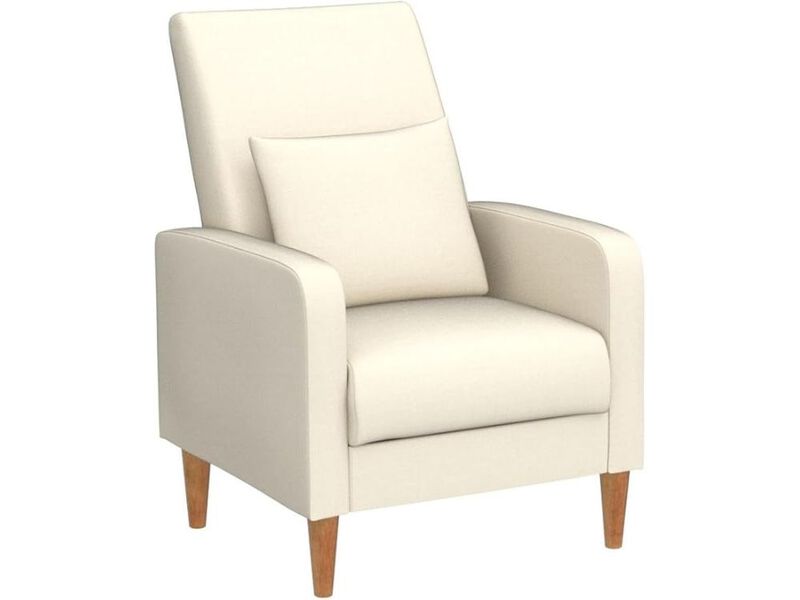 Accent Chair &ndash; Beige Mid‑Century Upholstered Armchair with Pillow & Wood Legs image number 0