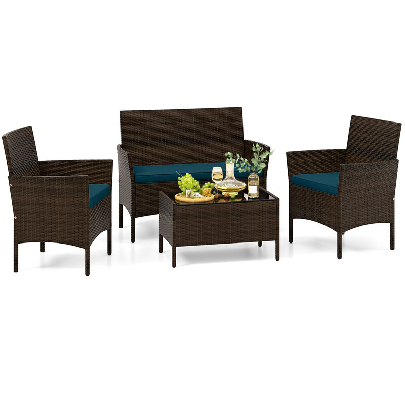 4 Piece Patio Rattan Conversation Set with Cozy Seat Cushions