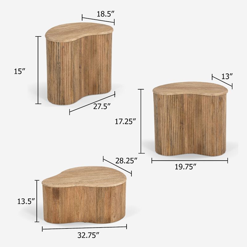 Cid Ata Coffee Table Set of 3, Beige Marble, Artisan Solid Mango Wood image number 4