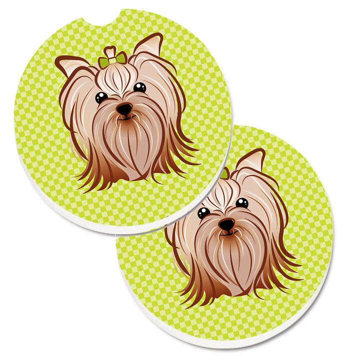 Caroline's Treasures Checkerboard Lime green Yorkie Yorkishire Terrier Set of 2 Cup Holder Car Coasters BB1266CARC, 2.56, Multicolor