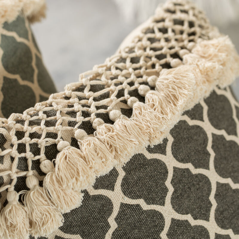 16" Handwoven Cotton Throw Pillow Cover with Ogee Pattern and Tasseled Top with Filler, Charcoal