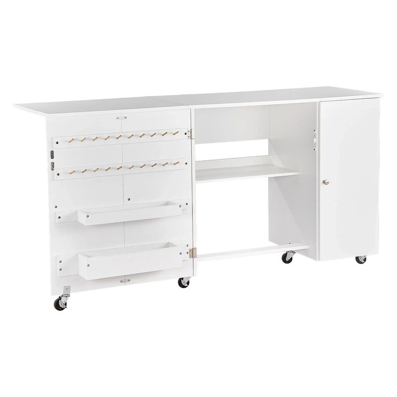 Folding Sewing Table with Cabinet, Wheels, Storage Shelf and Craft Station - White image number 0