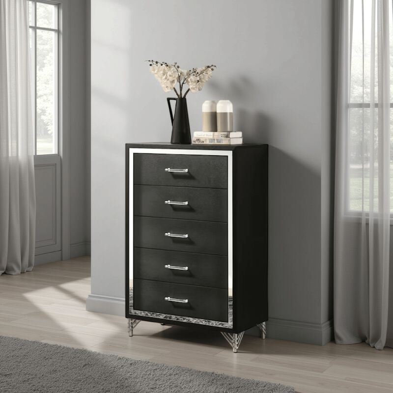 Jenny Tall Dresser Chest, 5 Drawers and Chrome Accents, Modern Black - Benzara