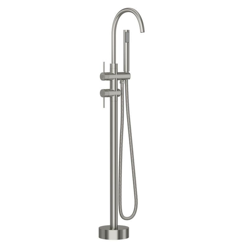 Freestanding Bathtub Faucet Floor Mount Tub Filler Brushed Nickel, Swivel Gooseneck Spout with Cylinder Handheld