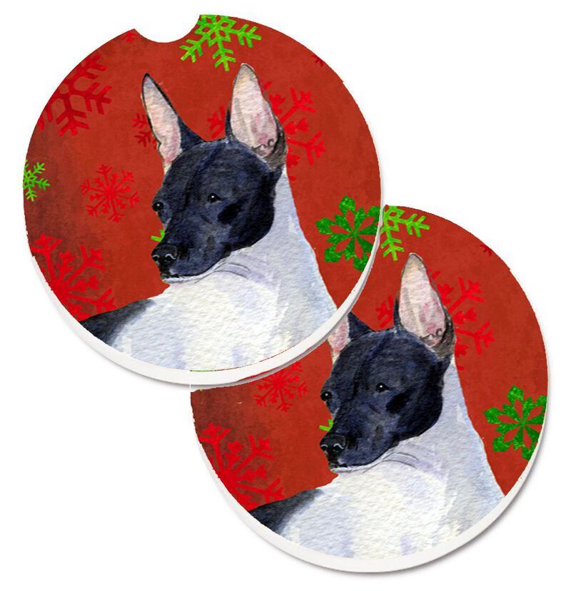 Caroline's Treasures Rat Terrier Red & green Snowflakes Holiday Christmas Set of 2 Cup Holder Car Coasters SS4687CARC, 2.56, Multicolor image number 0