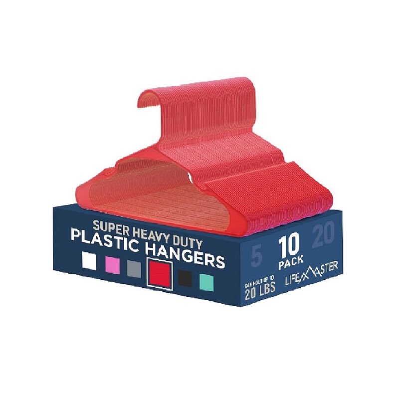 Plastic Clothes Hangers &ndash; Heavy Duty Hanger Set, for Organizing Clothes, Dresses, and Coat, Holds Up to 5 lbs, Space-Saving Hangers with Non-Slip Shoulder Grooves, Pack of 10, Red