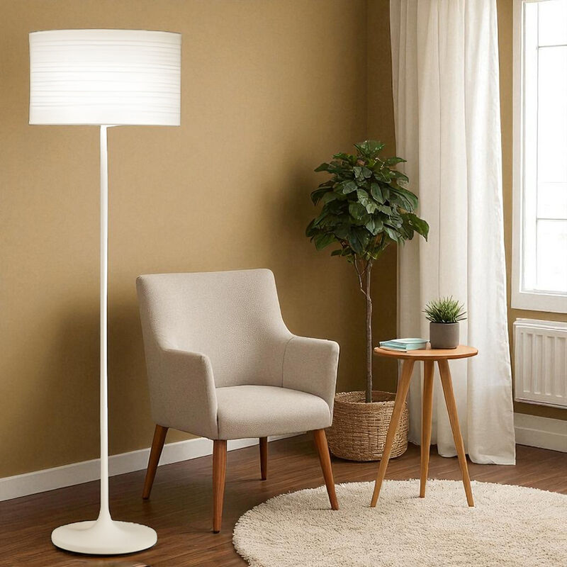 Tall Standing Pole Lamp with Paper Drum Lampshade for Bedroom & Living Room