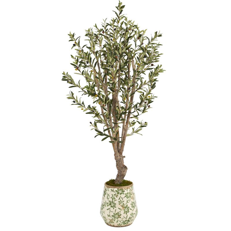 Nearly Natural 62-in Olive Artificial Tree in Floral Print Planter