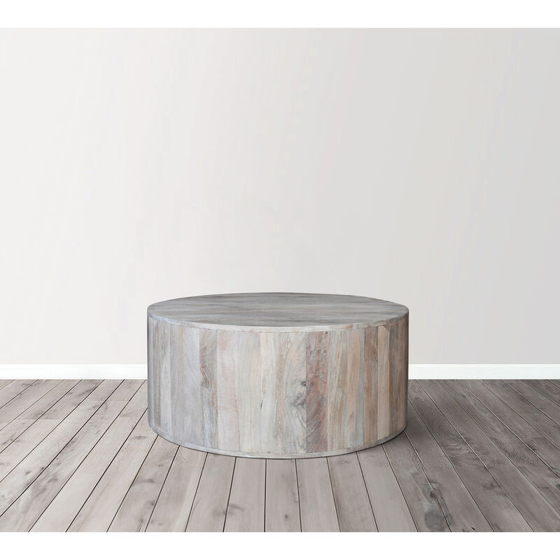 36 Inch Coffee Table, Handcrafted Drum Shape, Washed White Mango Wood