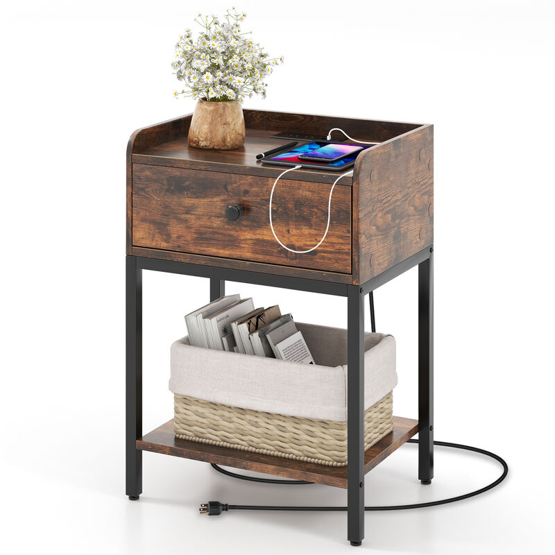 Industrial Bedside Table Nightstand with Charging Station-Rustic Brown