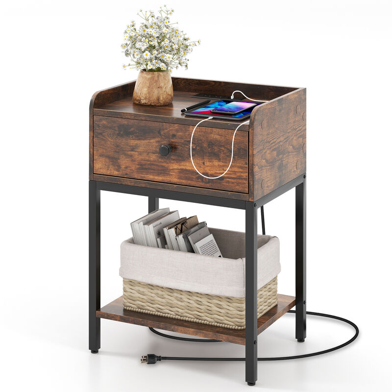 Industrial Bedside Table Nightstand with Charging Station-Rustic Brown image number 3