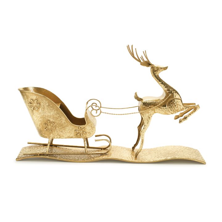 Hammered Metal Deer with Sleigh – Elegant Christmas Tabletop or Mantel Décor for Holiday and Winter Displays