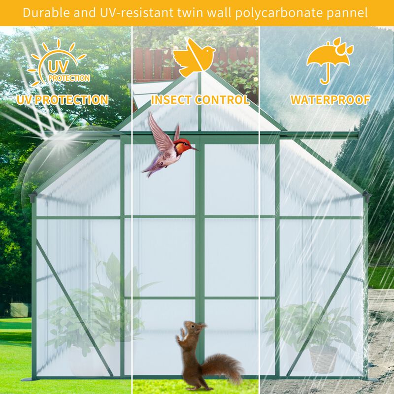 8x8 FT Double Door Polycarbonate Greenhouse Raised Base&Anchor Aluminum Duty Walk-in Greenhouses image number 6