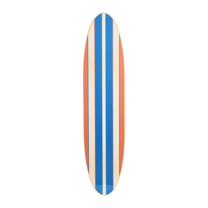 Coastal Decorative Surfboard Wall D&eacute;cor for Living Room; Contemporary Red & Blue Stripes Overlaid On Natural Wood