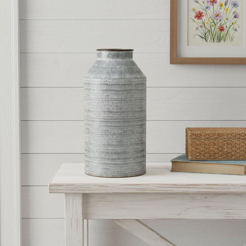 HomeRoots 13" Gray Galvanized Metal Geometric Patterned Jug Vase image number 1