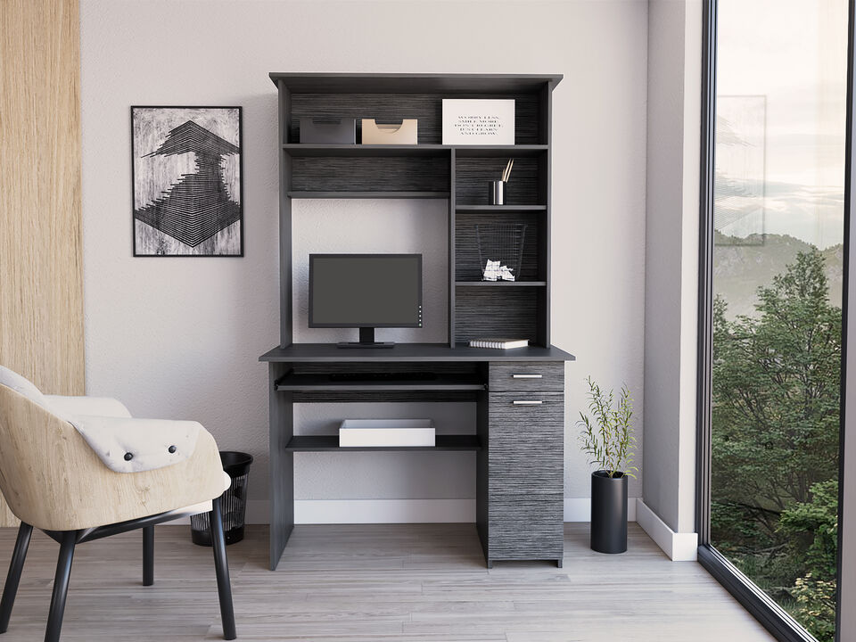 DEPOT E-SHOP Xalo 180 Compu Hutch Desk, Keyboard Tray, Door Panel For CPU, Multiple Shelves, One Drawer, Smokey Oak