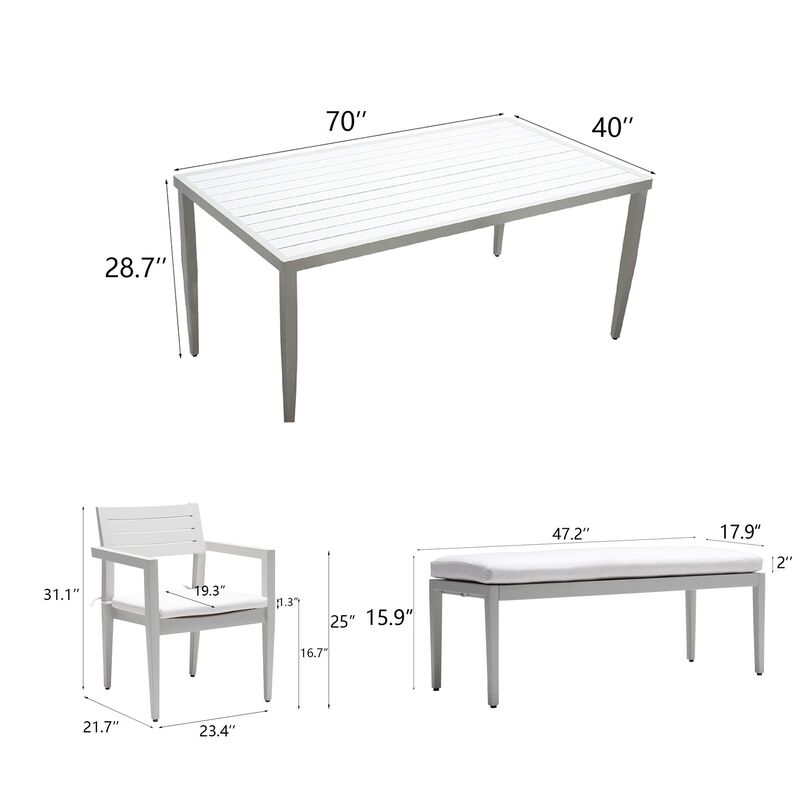 MONDAWE 6-Piece Modern Aluminum Patio Dining Set with 4 Chairs & 1 Dining Bench and Rectangle Table with Umbrella Hole image number 2