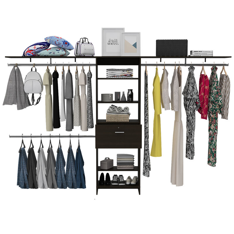 DEPOT E-SHOP Zamora 70"W - 118"W Closet System, Three Hanging Rods, Five Shelves, One Drawer, Black