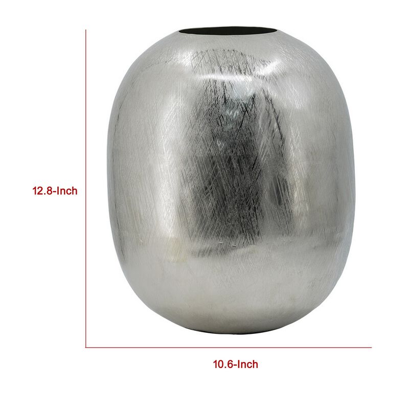 Chan 13 Inch Modern Metal Vase, Curved Round Shape, Metallic Silver Finish - Benzara