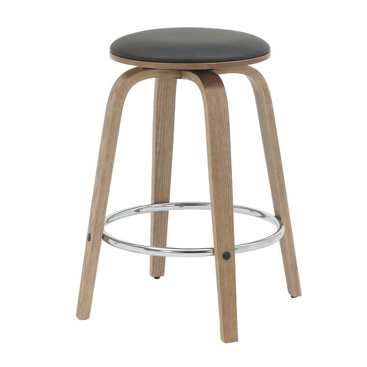 LeisureMod Counter Stool Upholstered in Leather with Stained Poplar Wood Frame & Chrome Iron Footrest with 360-Degree Swivel for Modern Home, Kitchen, Bars, Cafes Pelya Collection