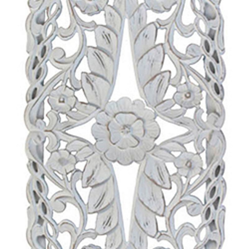 60 Inch Tall Decorative Panel, Carved Floral Vine Design, Mango Wood, White - Benzara