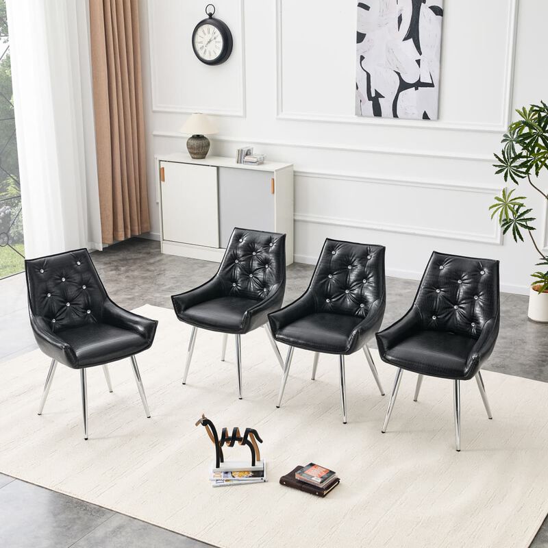 Set of 2 PU Leather Dining Chairs Crocodile Embossed Accent Chairs with Diamond Tufted Back Square Seat Chairs with Metal Legs image number 5