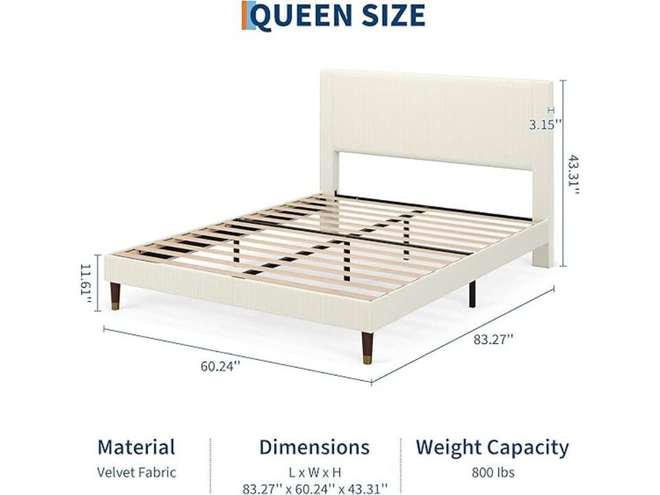 Queen Upholstered Platform Bed &ndash; Beige Fabric Headboard with Metal Slat Support & Storage