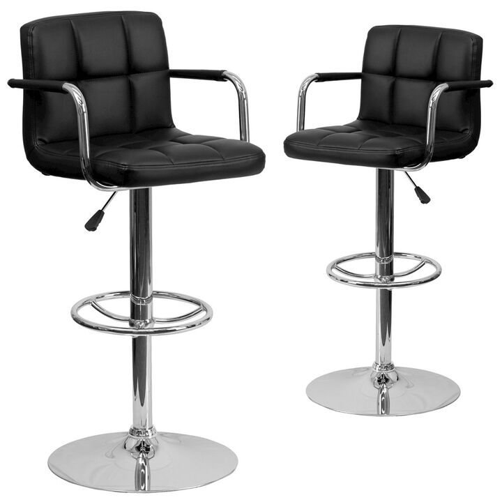 Flash Furniture 2 Pk. Black Quilted Vinyl Adjustable Height Barstool with Arms and Chrome Base