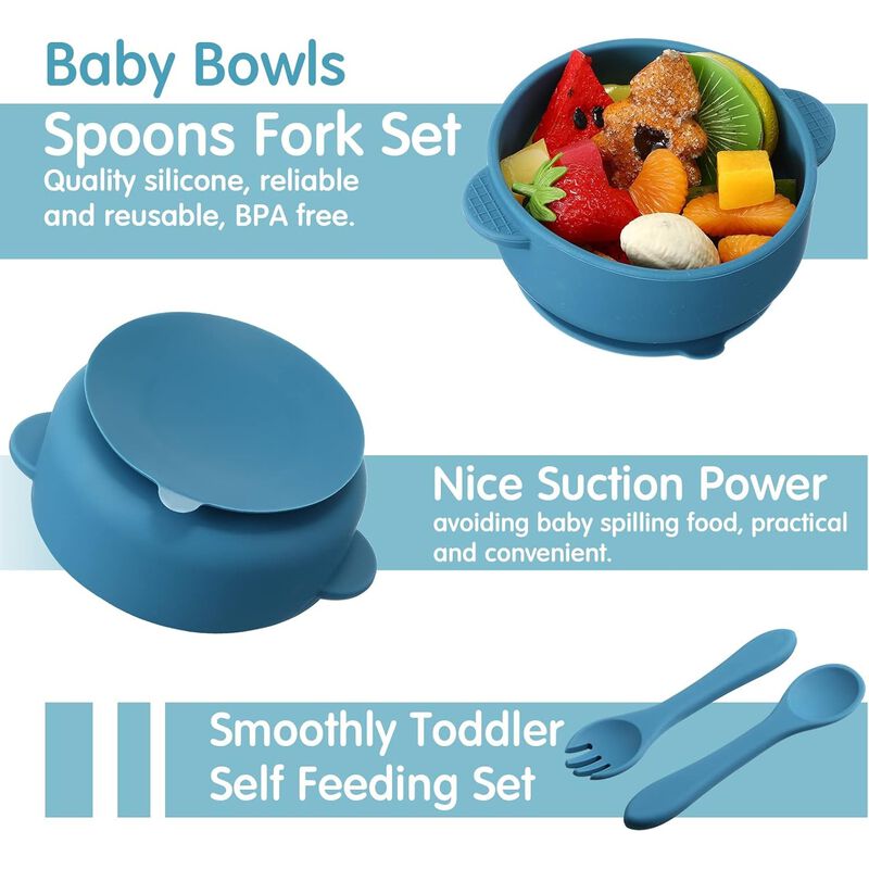9-Piece Silicone Baby Feeding Set – Suction Plates, Bowls with Spoon, Fork, Microwave, Dishwasher Safe, Matte Colors
